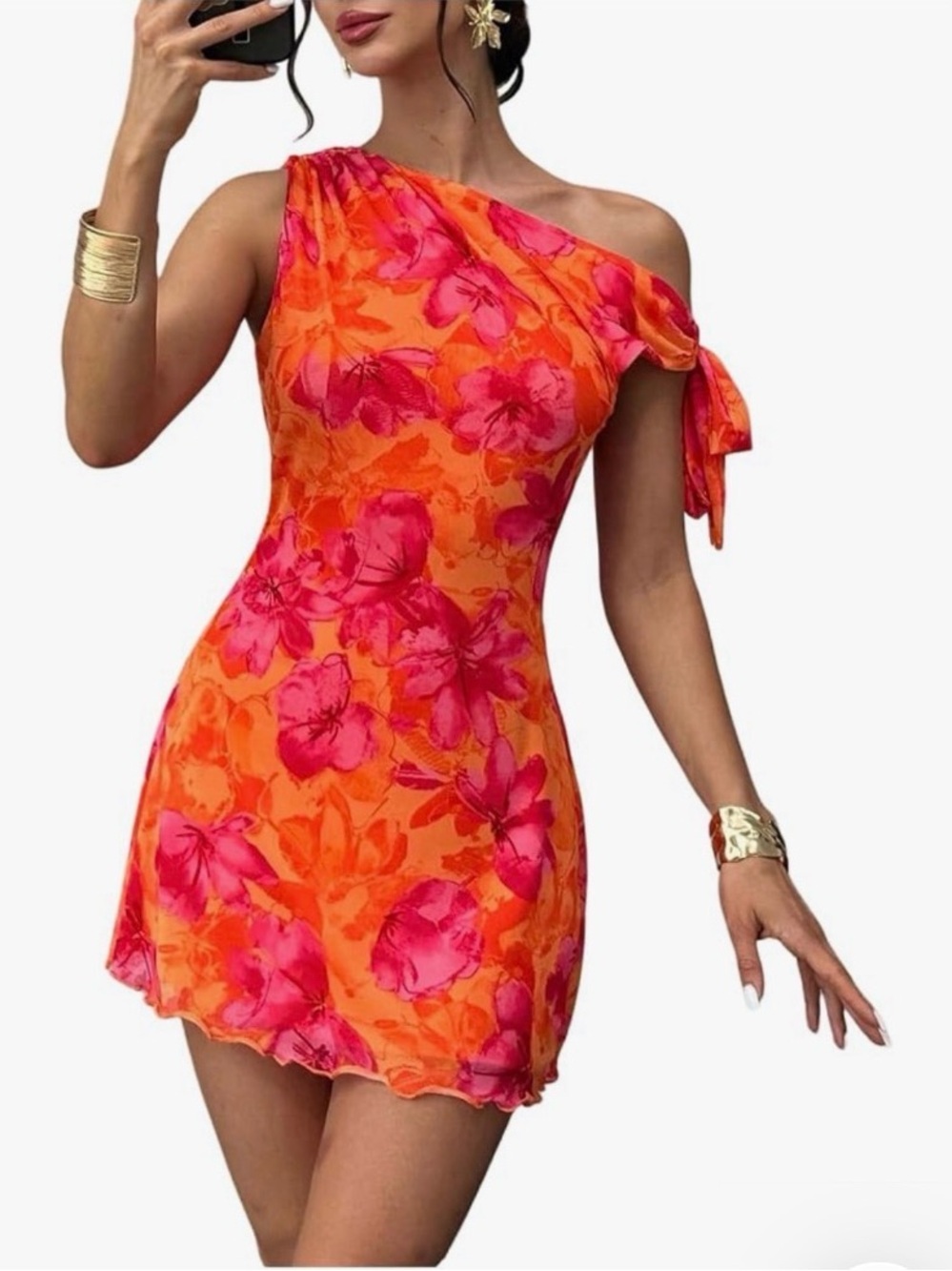 One-Shoulder Orange & Pink Floral Mini Dress